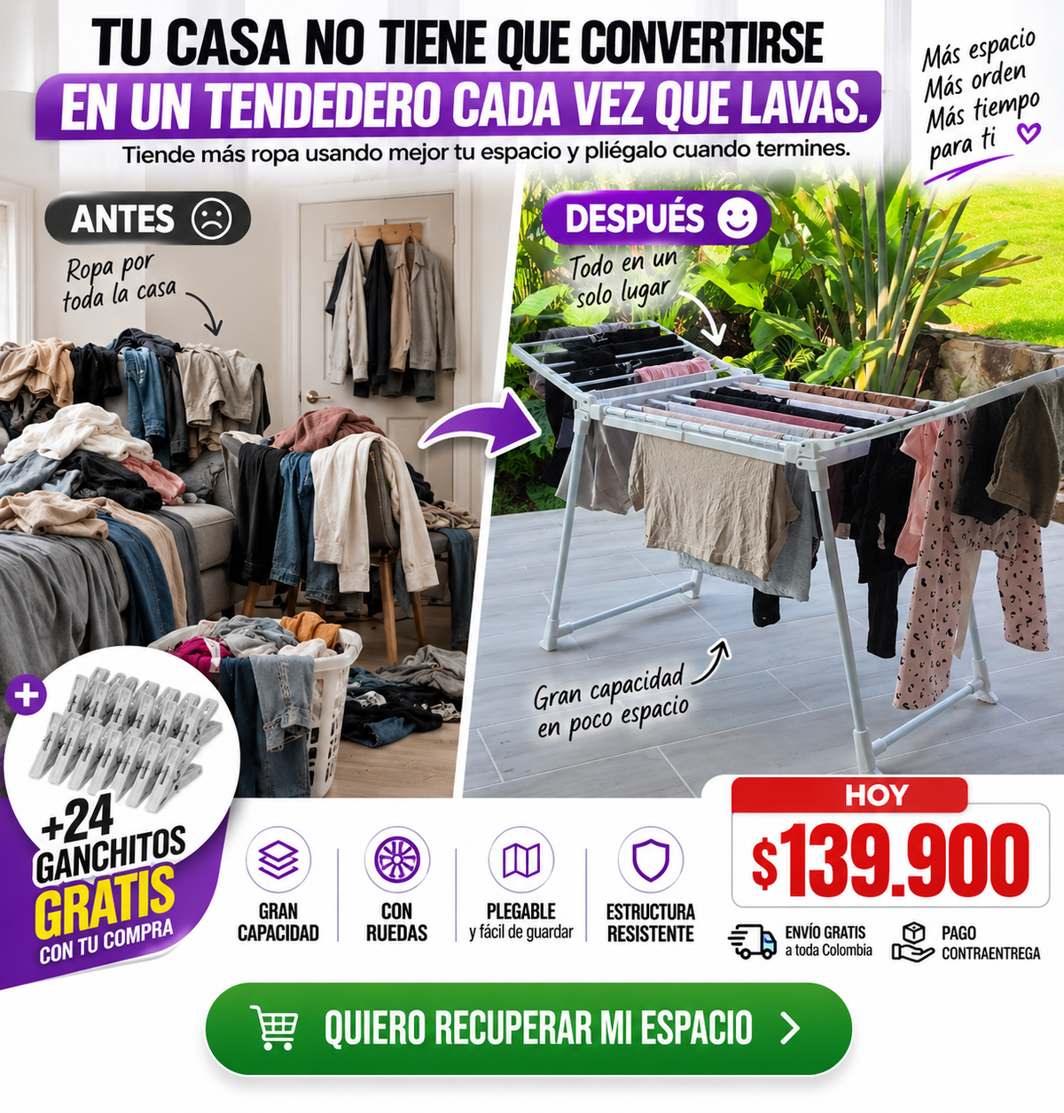 Tendedero de ropa plegable + 24 Ganchitos gratis