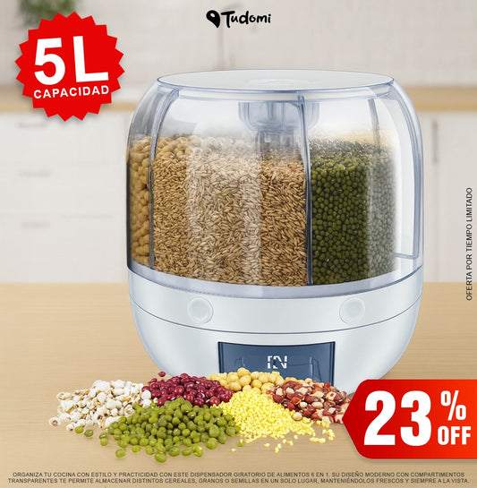 Dispensador giratorio de granos y cereales con 6 divisiones